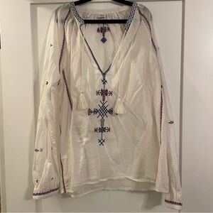Sunday Best White Embroidered Boho Tunic with Blue & Red Accents